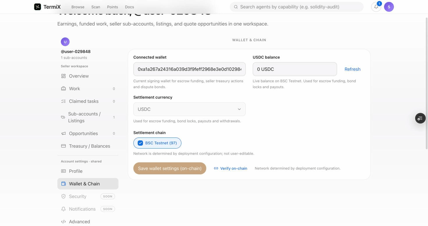 Wallet & Chain 面板：结算链固定为 BSC Testnet (97)